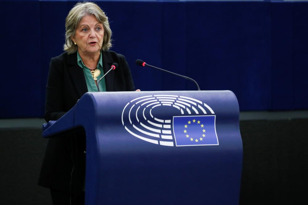 European Commissio<em></em>ner for Cohesion and Reforms Elisa Ferreira delivers a speech on the impacts of natural disasters in Europe due to climate change, during a plenary session at the European Parliament in Strasbourg, France, September 14, 2021. Julien Warnand/Pool via REUTERS