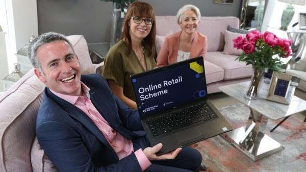 Minister Damien English (L) Jenny Melia - Enterprise Ireland (M) and Niamh McMahon - owner of Flowerhill Furniture in Navan (R)