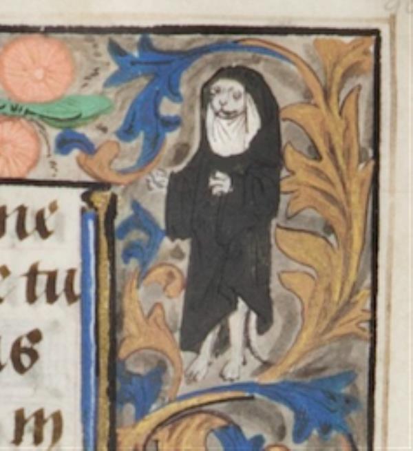 Doodle in the corner of a page of a medie<em></em>val manus<em></em>cript shows a cat on its hind legs, dressed as a nun