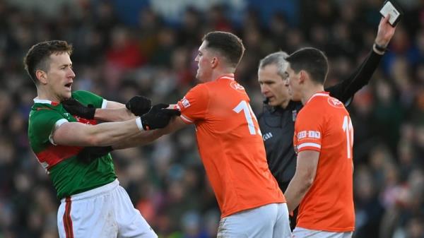 Mayo's Cillian O'Co<em></em>nnor gets to know Armagh's Co<em></em>nnaire Mackin of Armagh during an Allianz Football League Division 1 match. Photo by Brendan Moran/Sportsfile