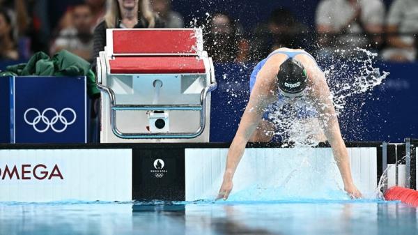 Ireland's Mona Mc Sharry preparing for her heat of the women's 100m breaststroke swimming at the Paris 2024 Olympic Games. Photo: Manan Vatsyayana/AFP via Getty Images