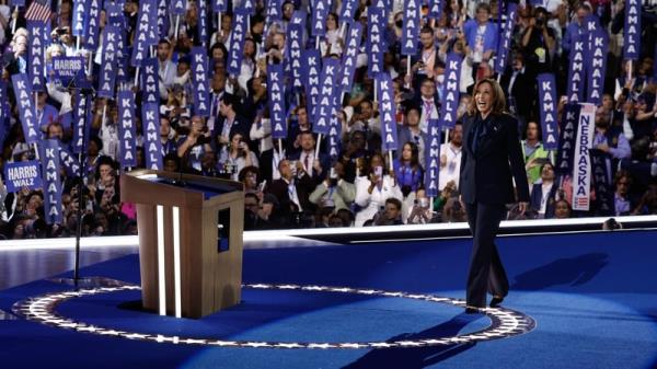 US vice president Kamala Harris celebrates after accepting the Democratic presidential nomination at the Democratic Natio<em></em>nal Co<em></em>nvention in Chicago last night. Photo: Chip Somodevilla/Getty Images