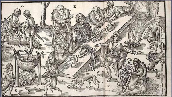 Irish Lord Feasting from John Derricke's The Image of Ireland, 1581. The scene depicts the clan chieftain at the feast table, with praise singer (arms spread) accompanied by harpist and two professio<em></em>nal farters.