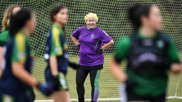 Wolfe Tones, Armagh, goalkeeper Rosie Lynch during a match against Attical, Down, at the 2022 Gaelic4Mothers&Others Natio<em></em>nal Blitz day at the Naomh Mearnóg & St Sylvester's GAA clubs in Dublin. Photo: Piaras Ó Mídheach/Sportsfile