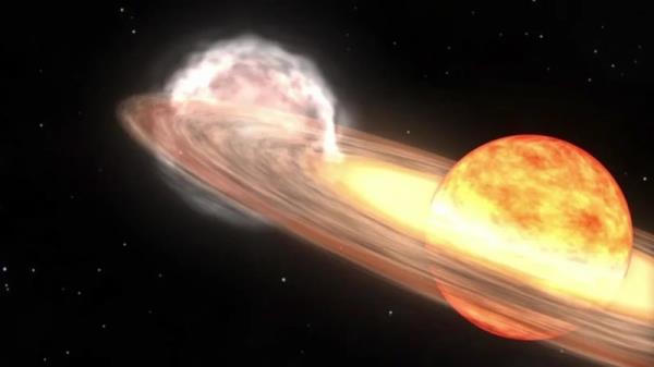 A red giant star and white dwarf orbit each other in this animation of a nova similar to T Coro<em></em>nae Borealis. Photo: NASA/Goddard Space Flight Center