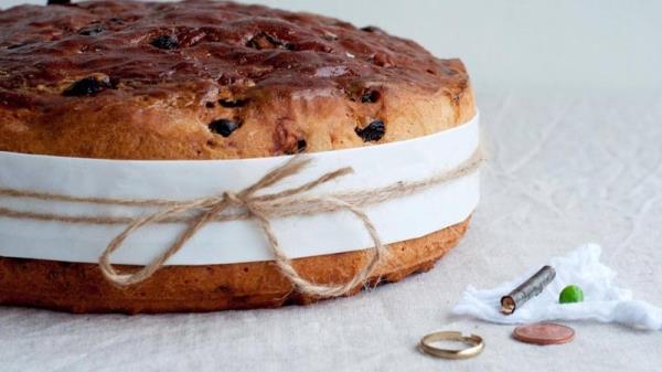 A Halloween barm brack with charms including a ring, coin, stick and pea. Photo: St. Connell's Museum & Heritage Centre, Glenties, Co Do<em></em>negal https://www.facebook.com/www.Museum.ie