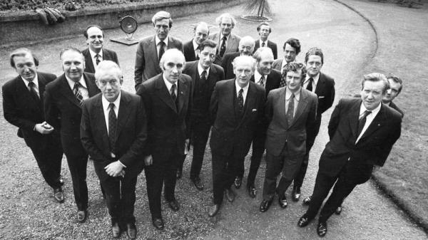 The lads are all here: Fianna Fáil leader Jack Lynch reveals his new front bench in February 1975. Photo: Independent News and Media/Getty Images
