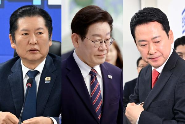 From left: Democratic Party chair Rep. Jung Chung-rae, President Lee Jae Myung and People Power Party chair Rep. Jang Dong-hyeok (Yo<em></em>nhap and The Korea Herald)